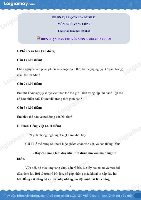 Đề ôn tập học kì 2 Văn 8 - Đề số 12